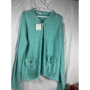 Sioni Cardigan Sweater XL Women Spearmint Open Front Fringe Pockets